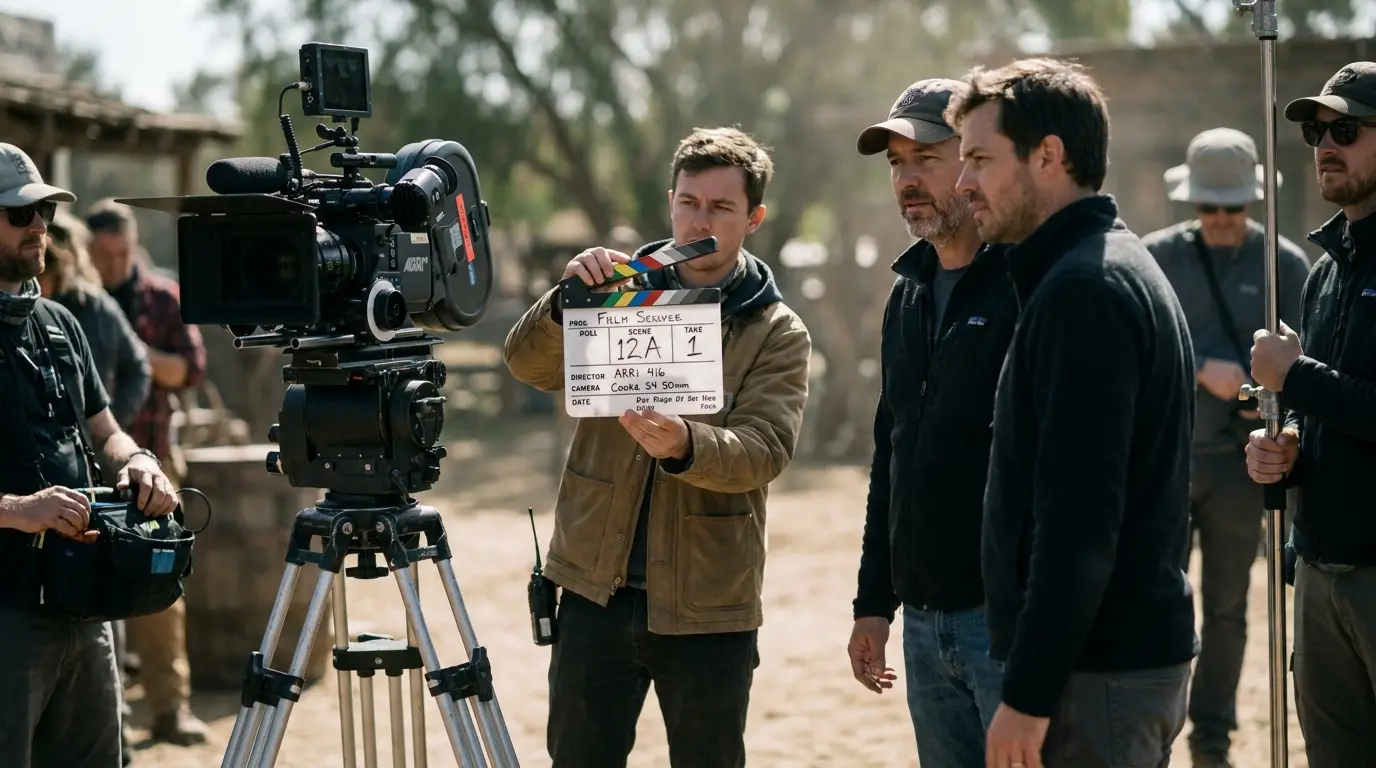 Film crew preparing on set just before a professional video shoot