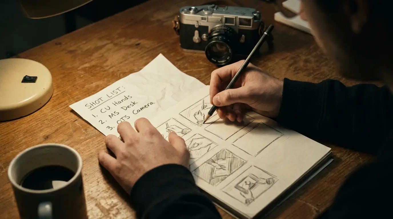 Hands sketching a storyboard and shot list on paper