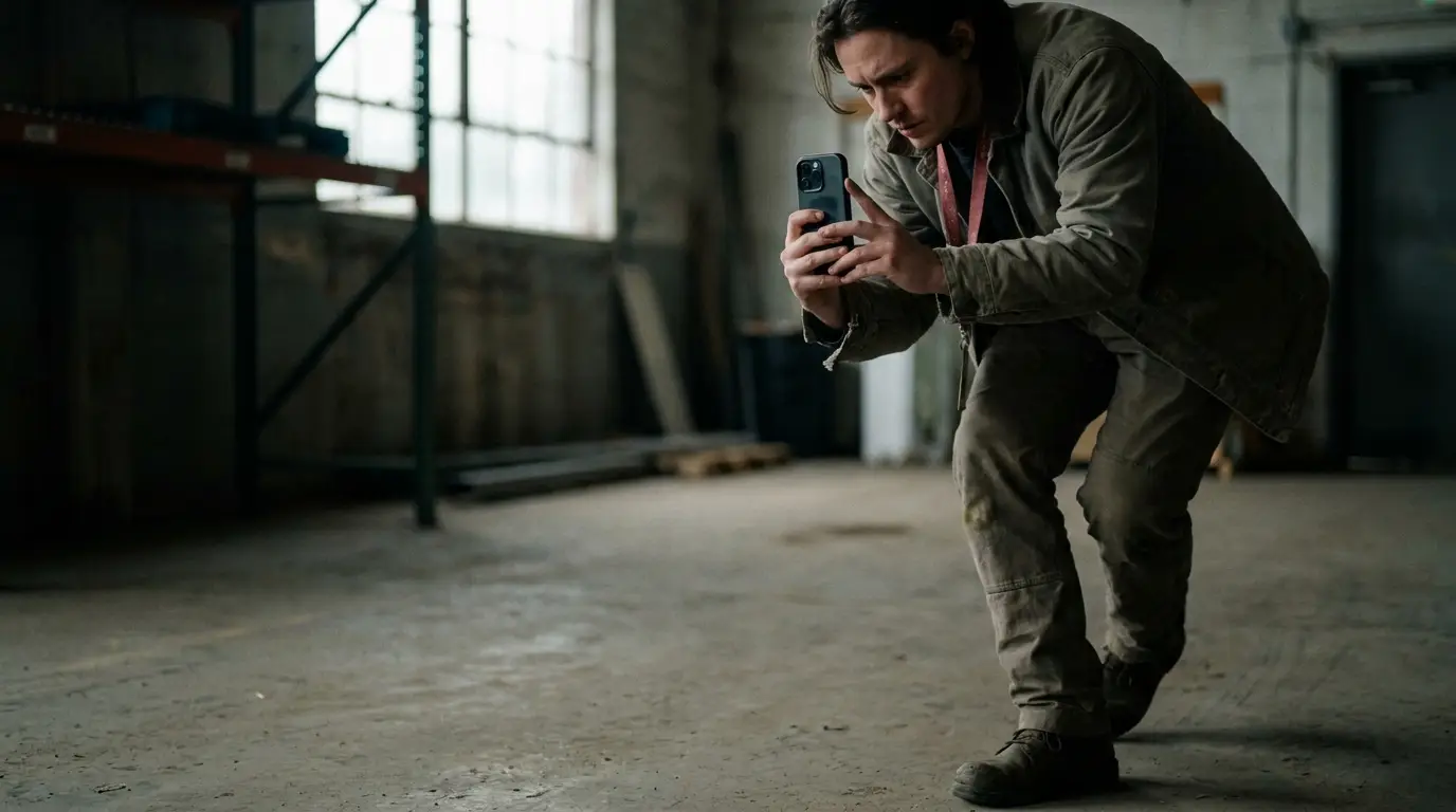 Videographer scouting a location and framing a shot with a phone