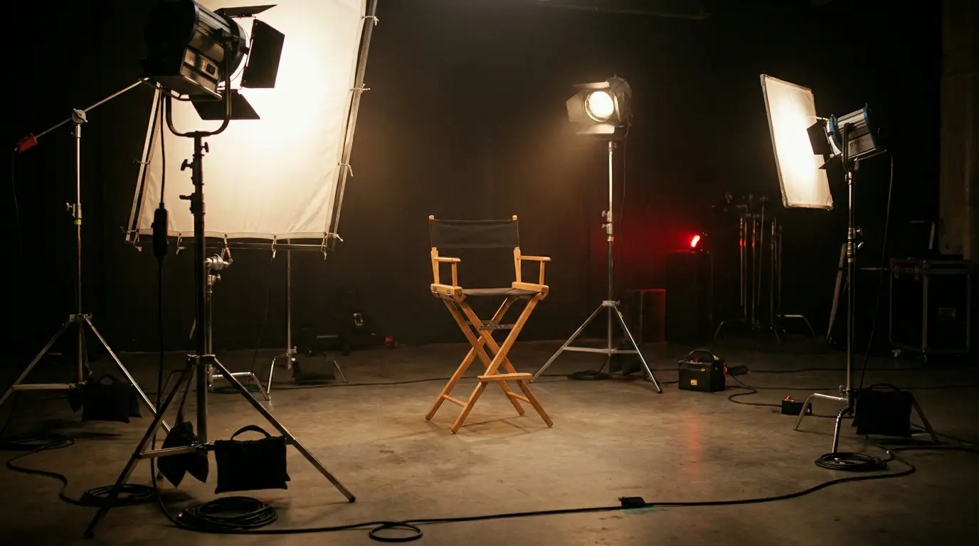 Behind the scenes of a three-point lighting setup around an interview chair