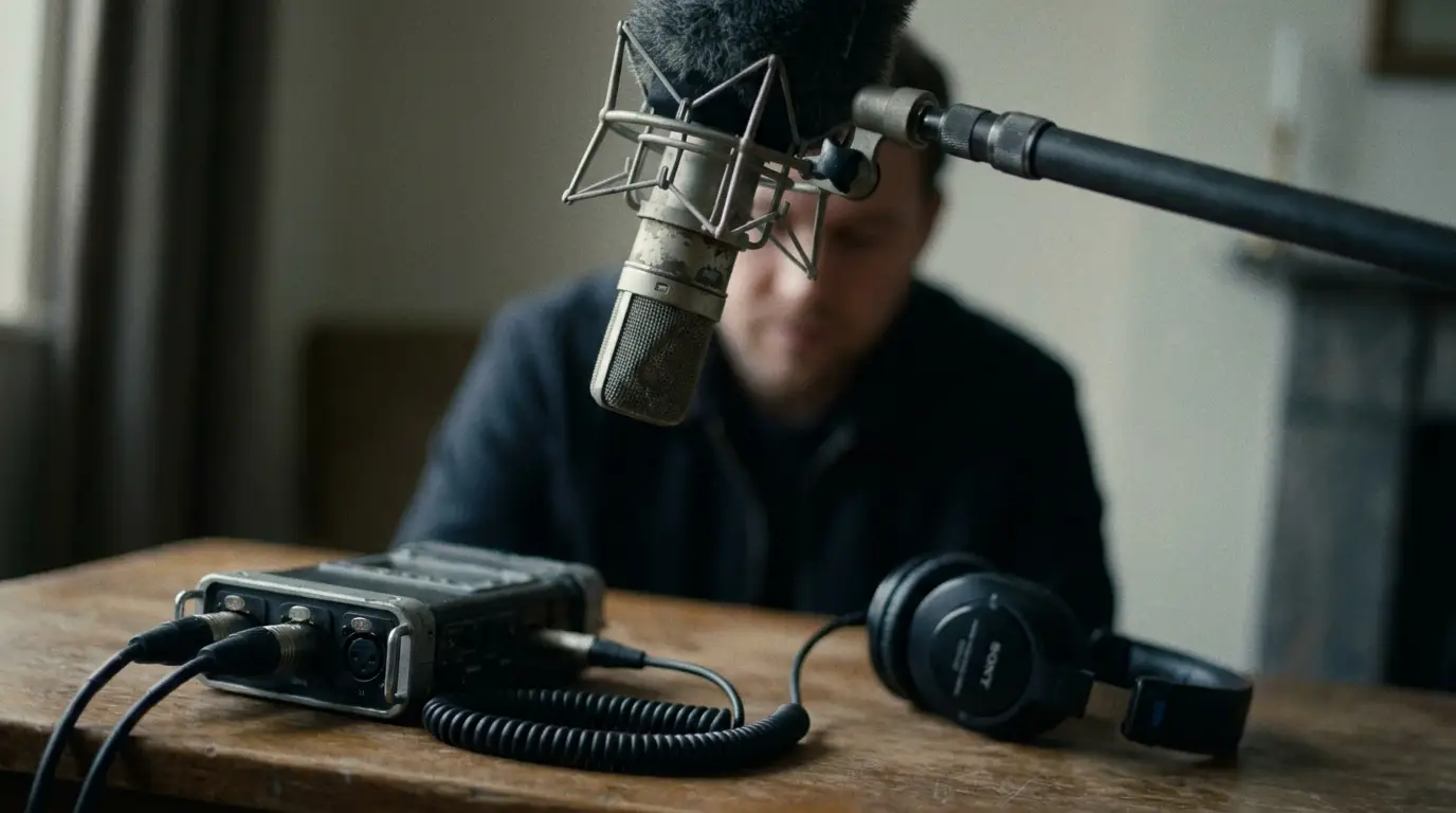 Shotgun microphone and audio recorder capturing clean sound on set