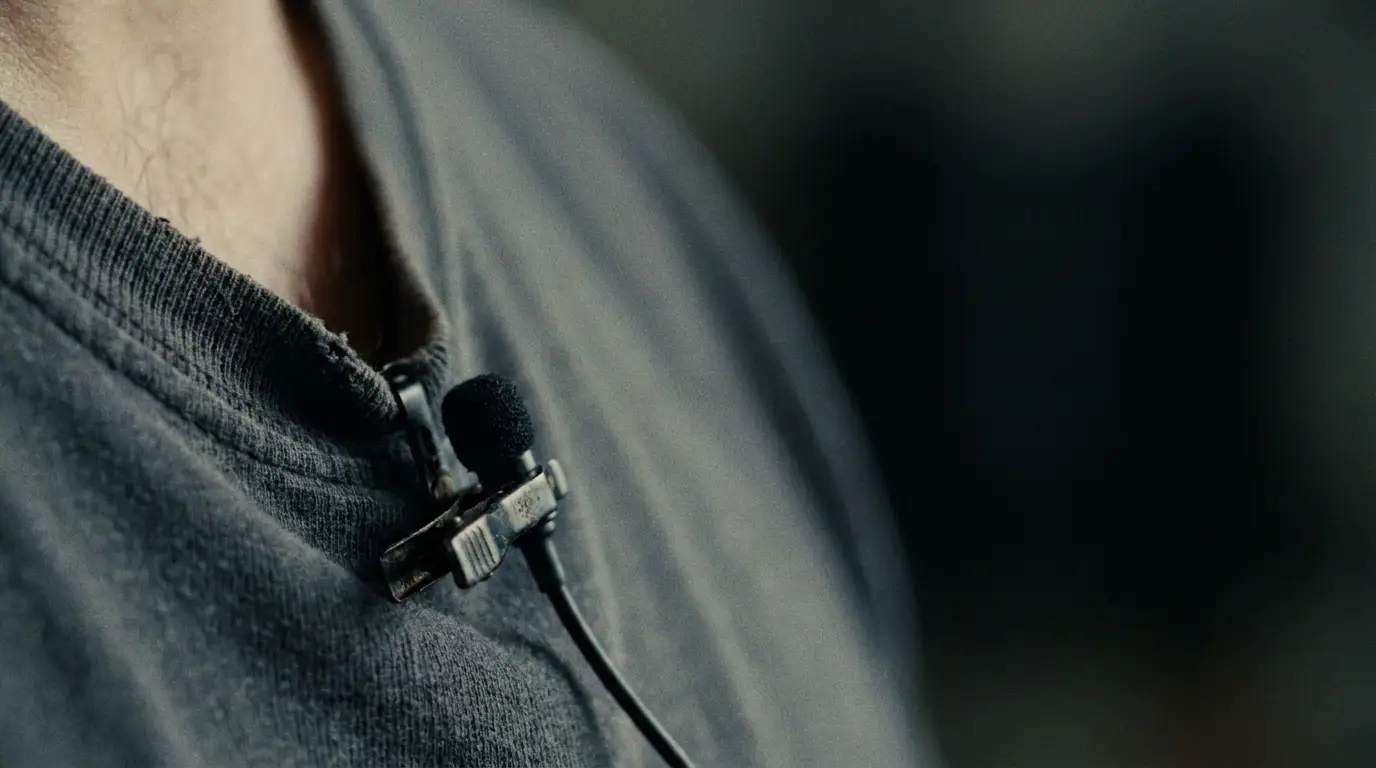 Lavalier microphone clipped to a shirt collar