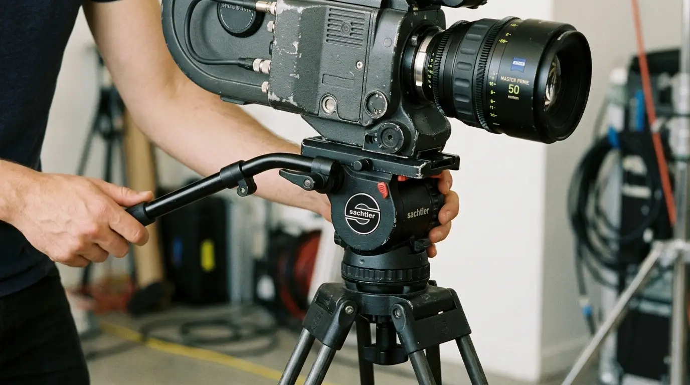 Camera mounted on a sturdy video tripod with a fluid head