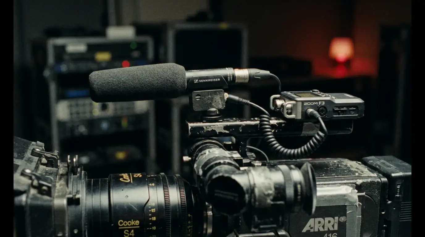 External shotgun microphone and recorder mounted on a camera