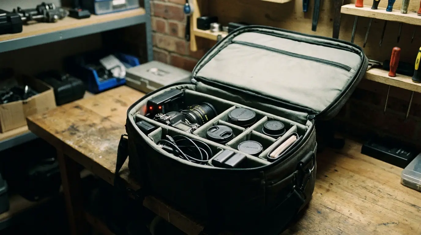 Organized camera bag packed with gear, batteries, and cards