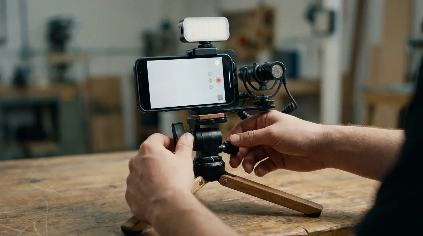 Smartphone filmmaking setup with tripod, light, and mic