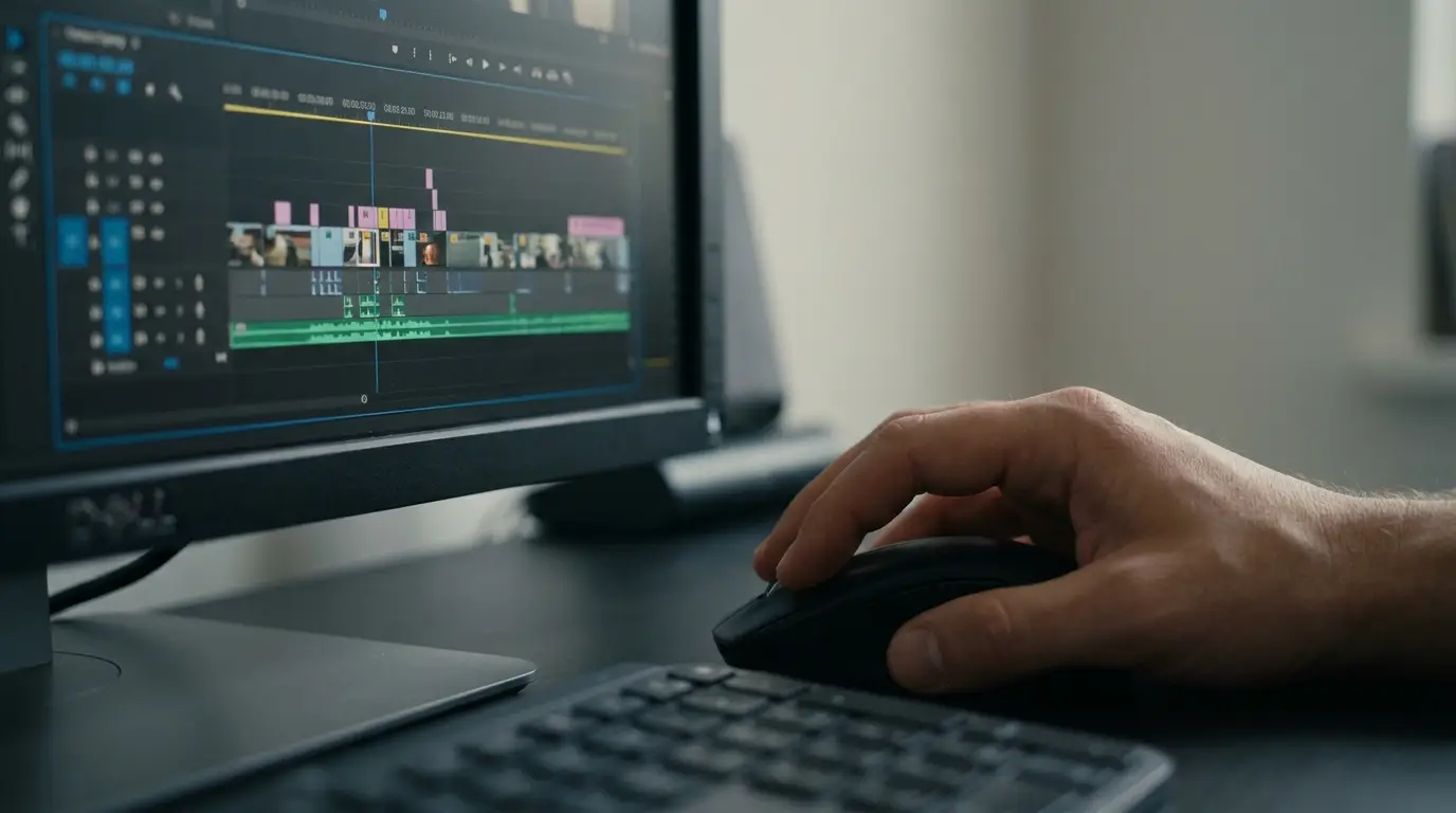 A video editing timeline with clips and waveforms