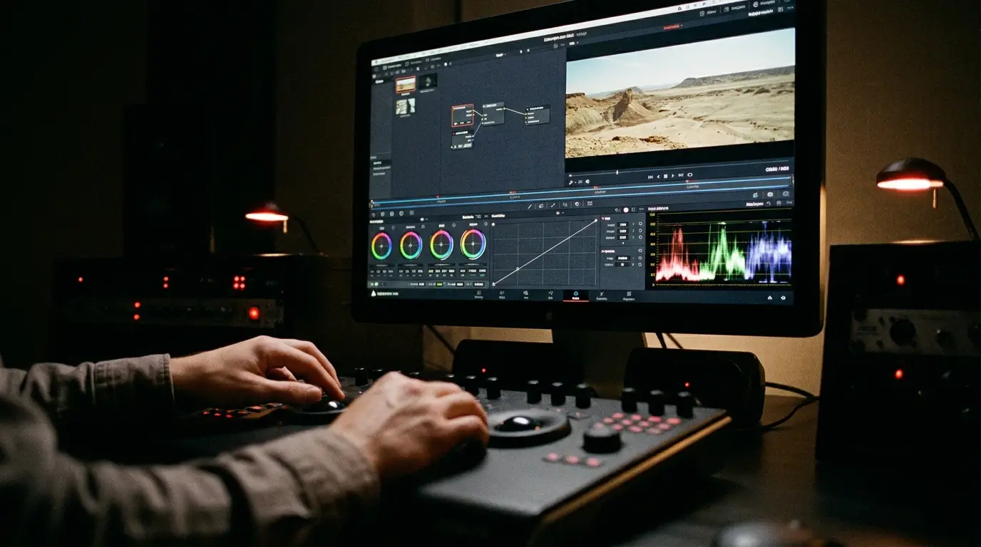 A color grading workspace with scopes and color wheels