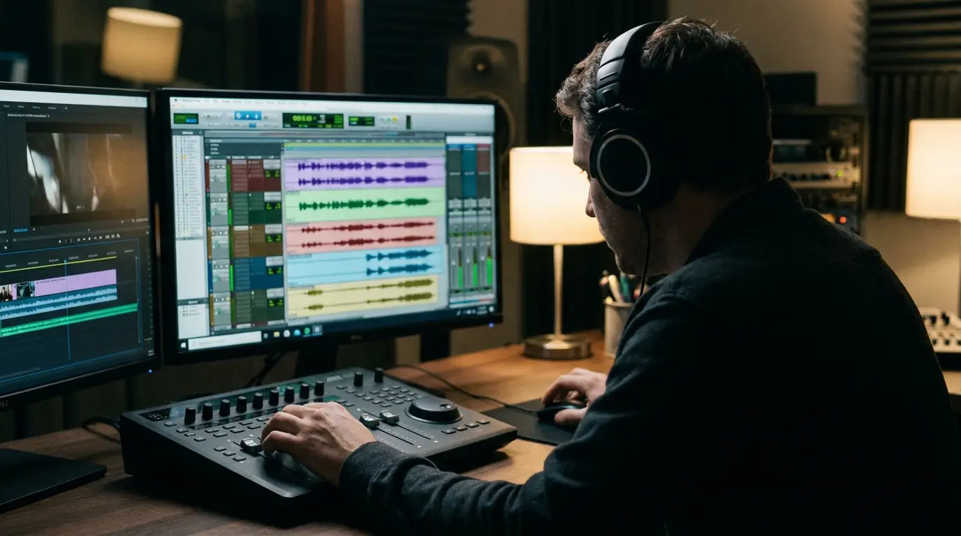 An editor working on audio and music with waveforms on screen
