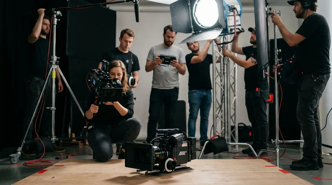 Commercial production in full swing with crew and lighting